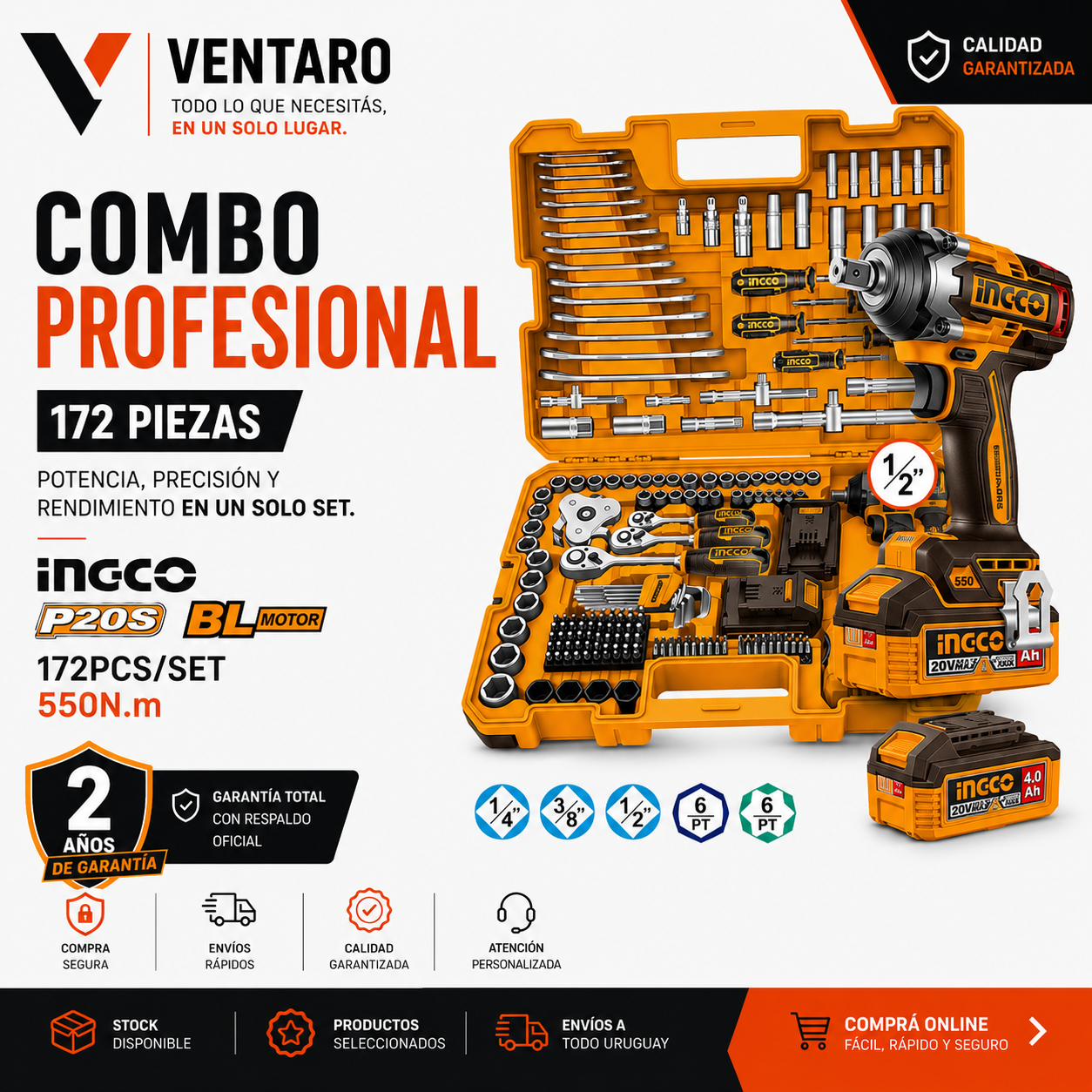 Kit Profesional INGCO P20S 172 Herramientas + Llave de Impacto Brushless 550Nm