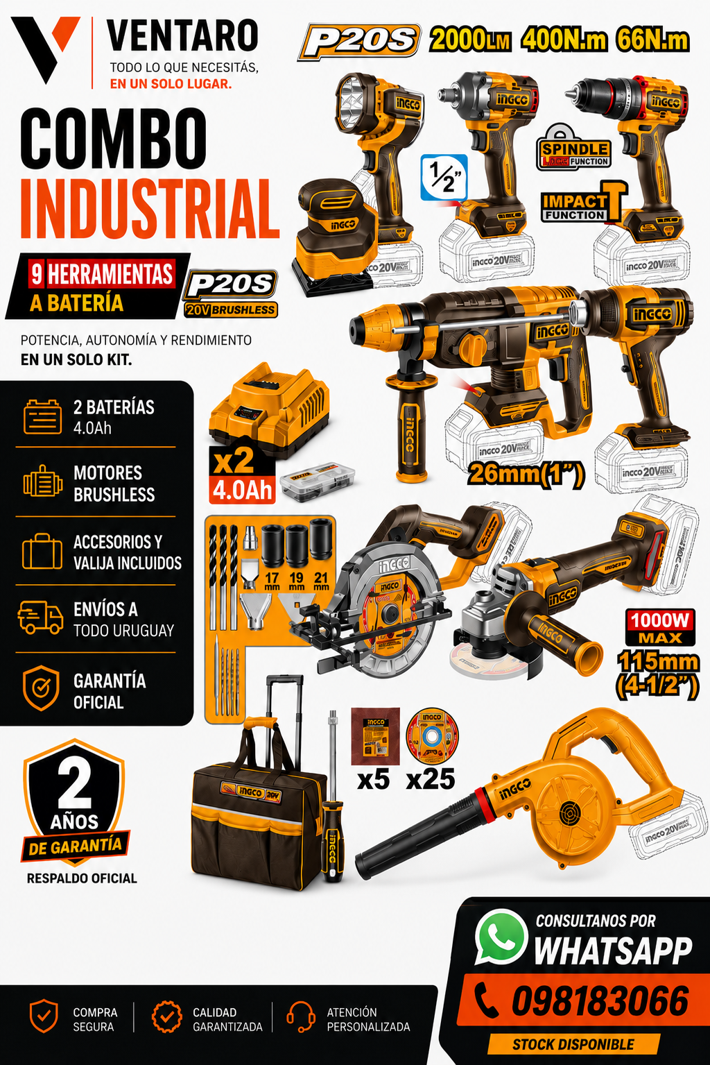 Kit Industrial INGCO P20S 20V Brushless 9 Herramientas con 2 Baterías y Valija