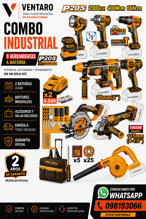 Kit Industrial INGCO P20S 20V Brushless 9 Herramientas con 2 Baterías y Valija