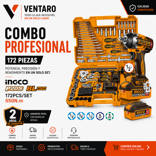 Kit Profesional INGCO P20S 172 Herramientas + Llave de Impacto Brushless 550Nm