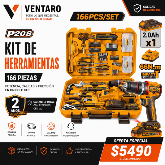 Kit INGCO P20S 166 Piezas + Taladro Percutor Brushless 20V 66Nm | VENTARO